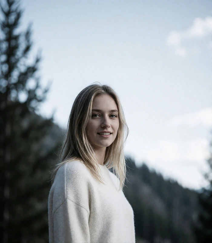 Blonde woman in a cream knit sweater smiling with a blurred pine slope and mountain sky behind her, an example Denver member profile photo