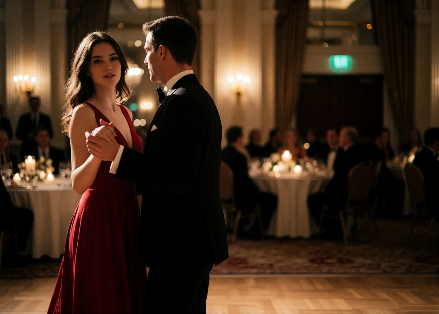 Couple in evening wear dancing in a grand hotel ballroom, the kind of event arrangements on SugarArranged are built around