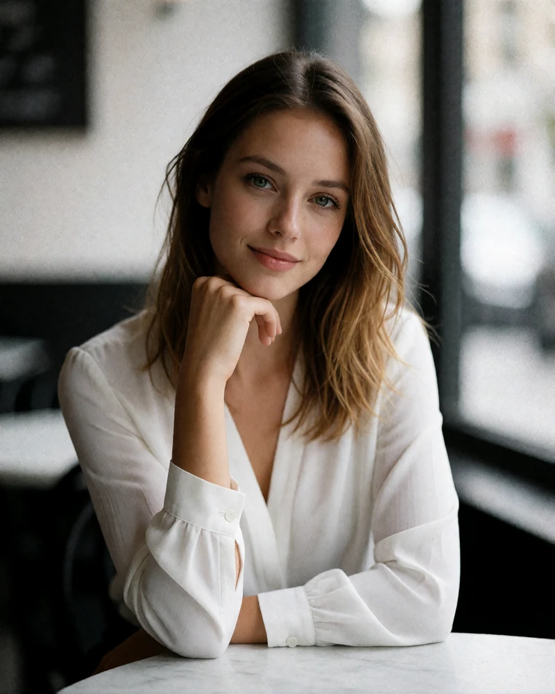 Light brown-haired woman in a white blouse at a café table, an example Tampa member profile photo