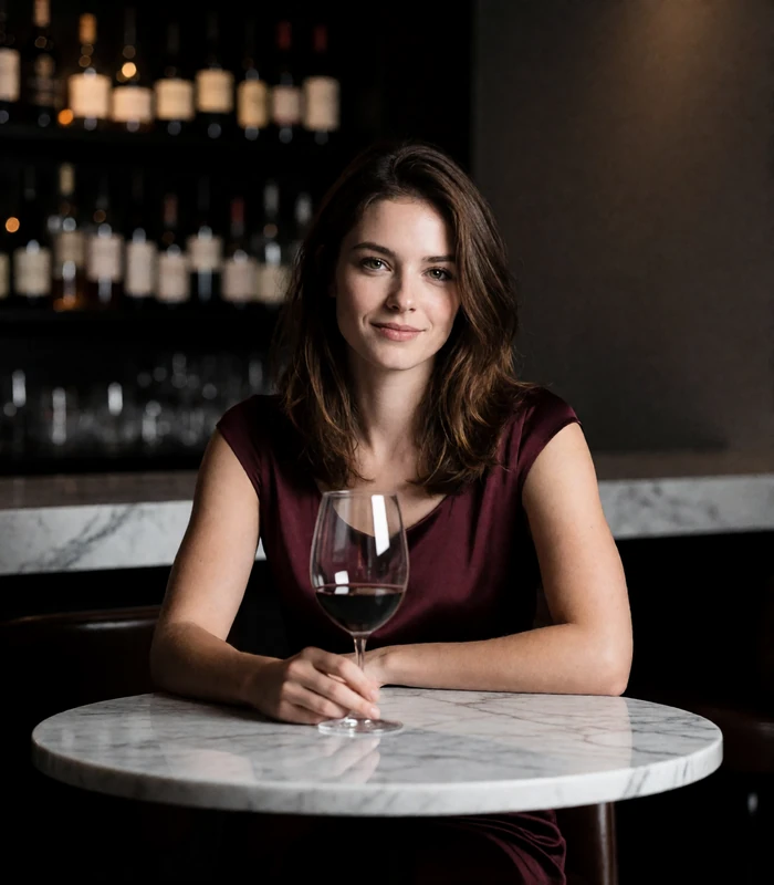 Brown-haired woman seated at a marble wine bar table with a warm smile, an example Portland sugar baby profile photo