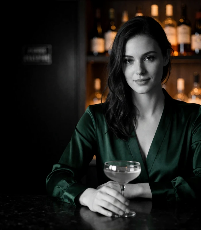 Woman in a deep green satin blouse holding a coupe glass at a dim cocktail bar, an example Denver member profile photo