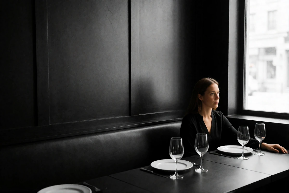 Reserved corner table for two in a dark-panelled Indianapolis steakhouse with a woman seated near soft window light