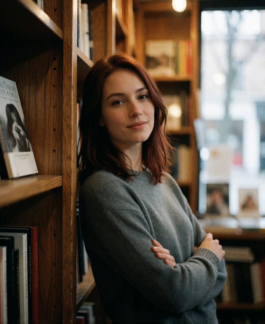 Woman with chestnut hair leaning against wooden shelving in a quiet independent Columbus bookshop, an example member profile photo