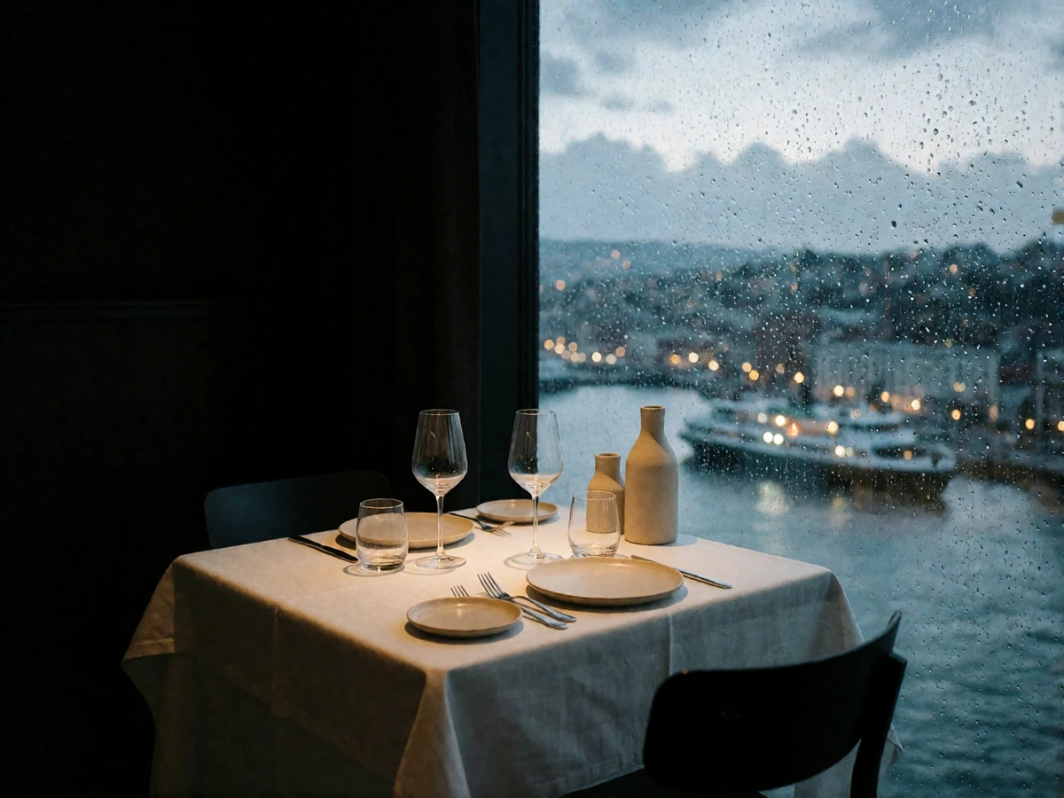 Window-side dinner table for two in a high-floor Seattle restaurant overlooking a rain-softened harbour city at dusk