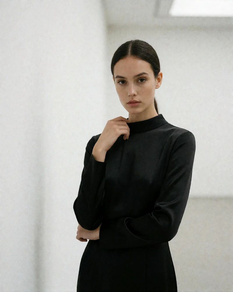Woman with sleek dark hair in a black satin dress standing in a bright gallery corridor, an example Boston member profile photo