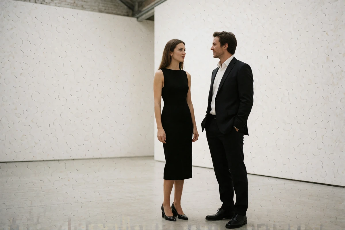 Woman in a black dress and man in a dark suit talking in a bright minimalist New York gallery space