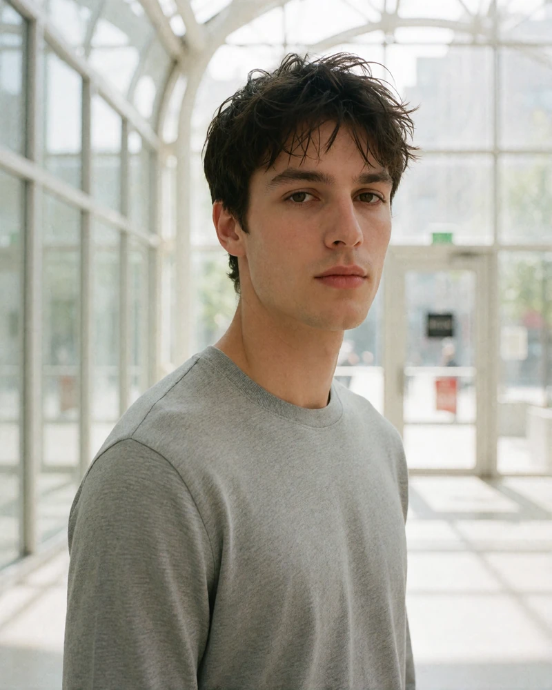 Man in his mid-twenties with tousled dark hair standing in a bright glass atrium, an example verified toy boy profile photo