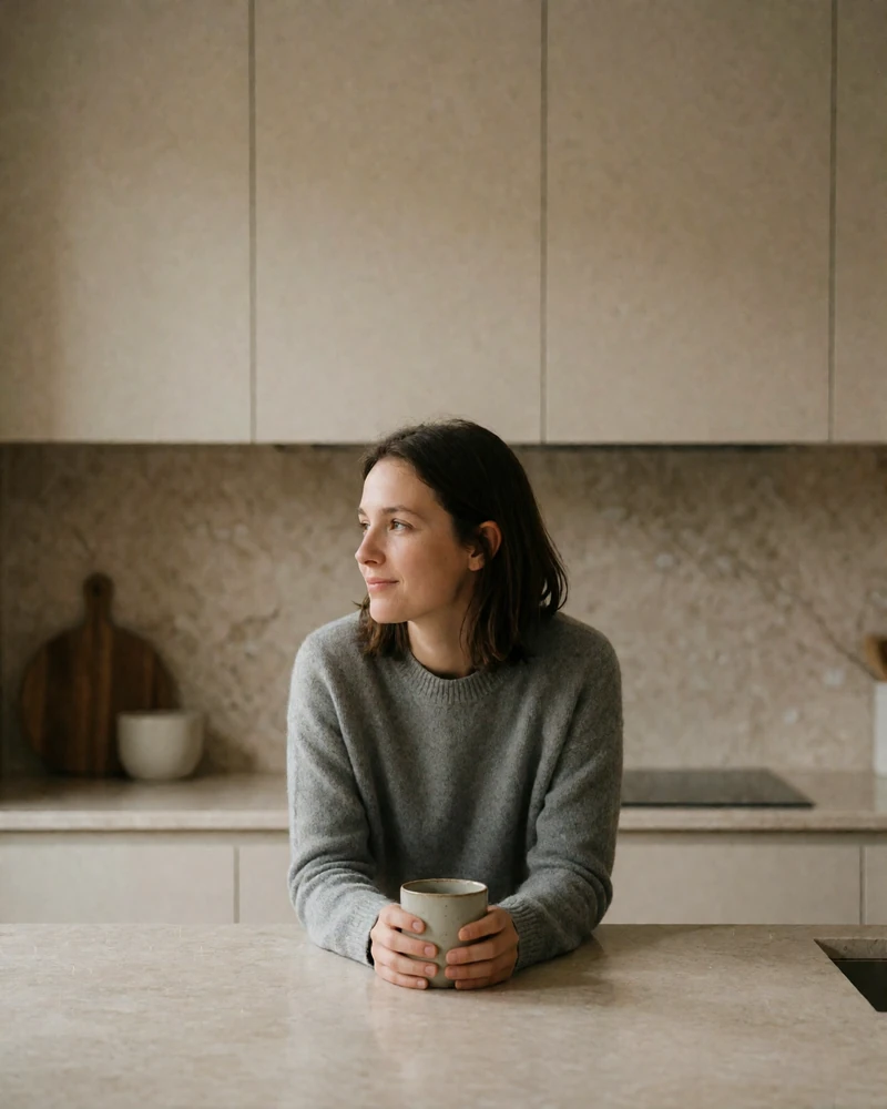 Woman leaning on a kitchen island in morning light, representing everyday clarity in modern dating