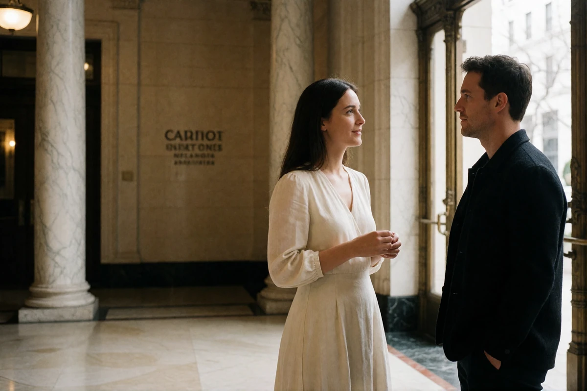 Woman in an ivory dress and man in a dark jacket talking in the open lobby of a historic San Antonio hotel