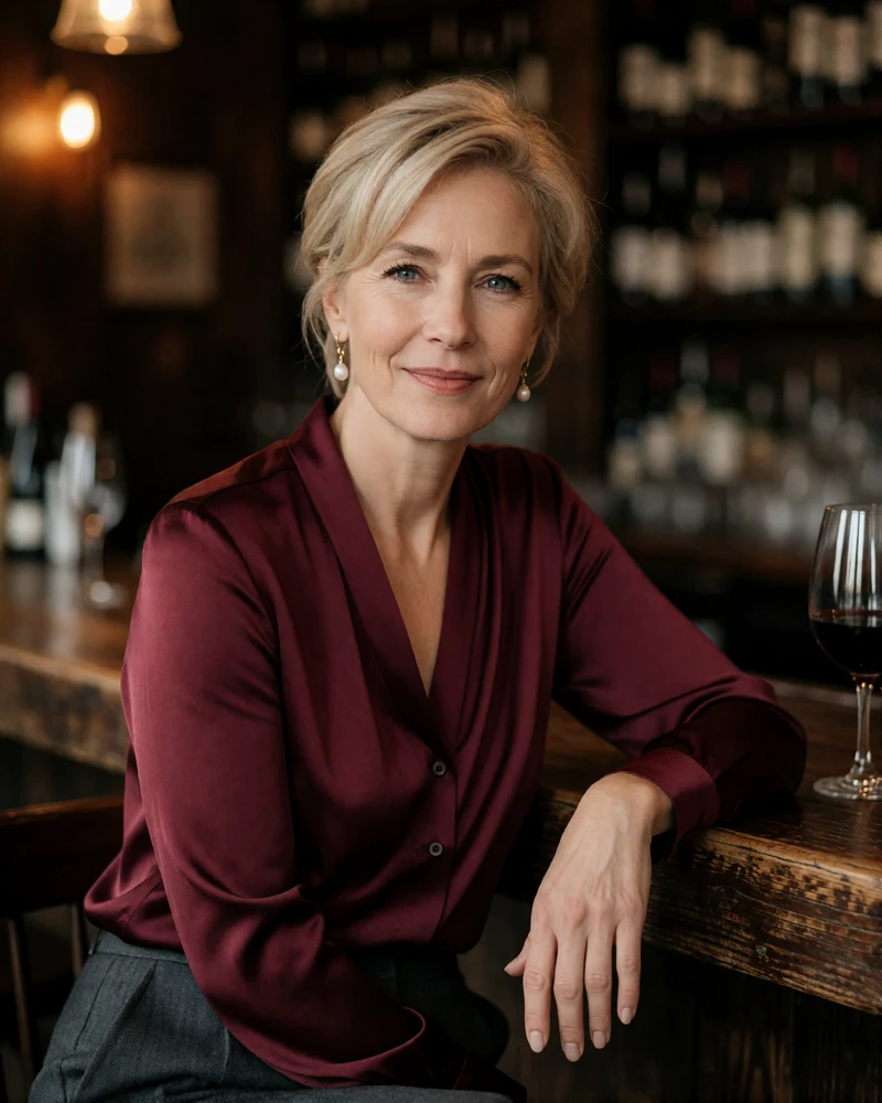 Blonde woman in her early fifties in a burgundy silk blouse seated at a quiet wine bar counter, an example verified member profile photo