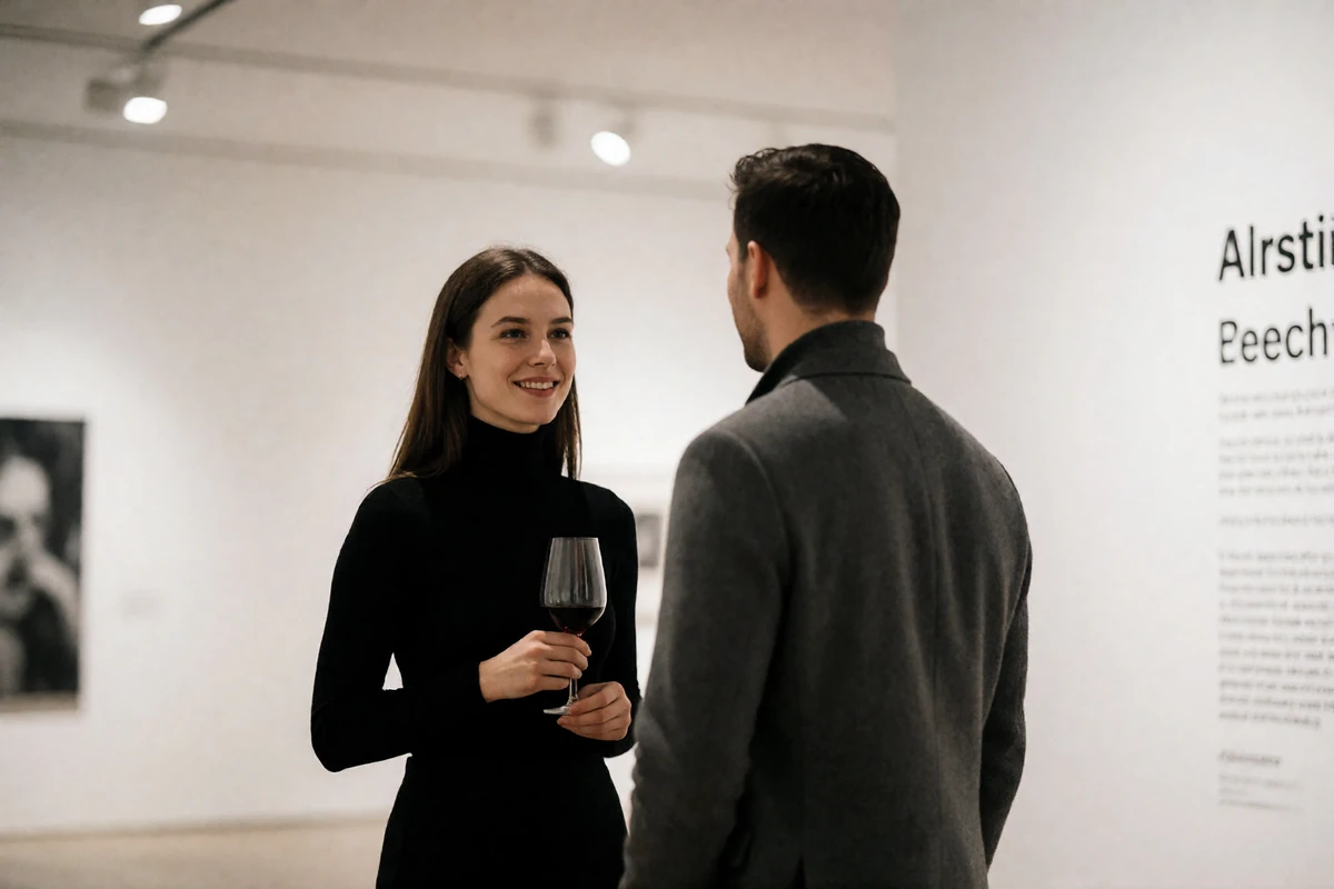 Woman in a black turtleneck holding a glass of wine while talking with a man in a grey jacket at a bright contemporary gallery