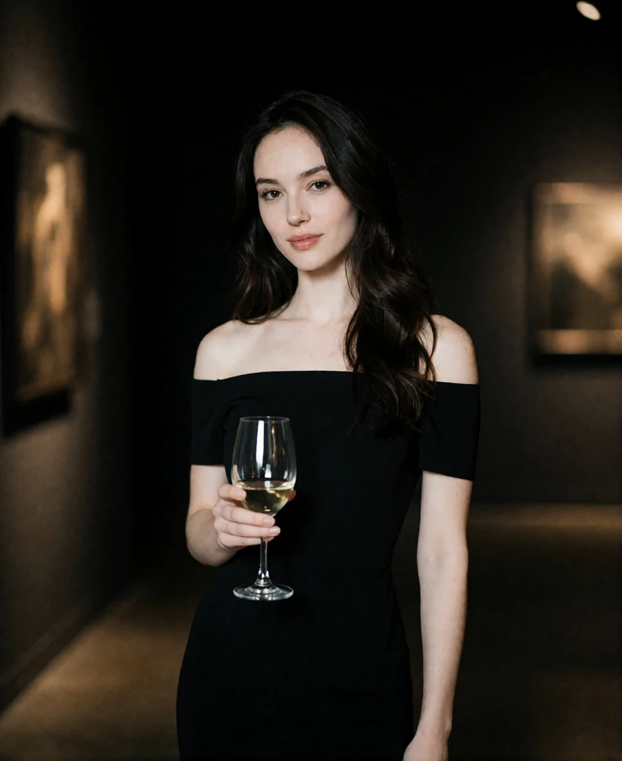 Woman with dark waves in a black off-shoulder dress at an evening gallery event, an example Houston member profile photo