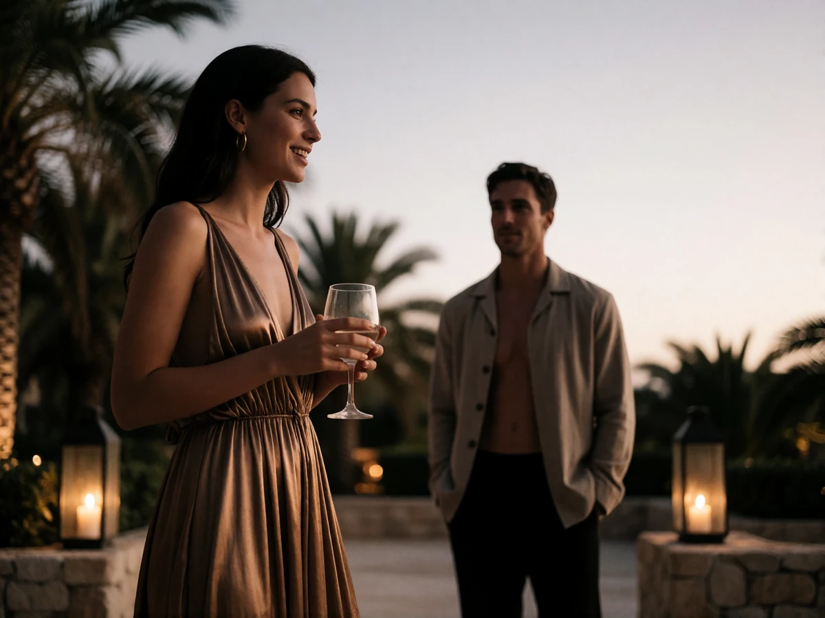 Woman in a bronze dress speaking with a man in an open-collar shirt in a resort courtyard at dusk in Phoenix