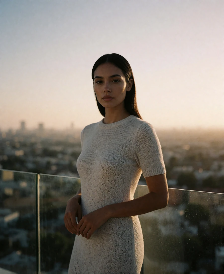 Woman with sleek dark hair in a neutral dress on an open terrace at sunset with the hazy skyline behind her, an example Los Angeles member profile photo