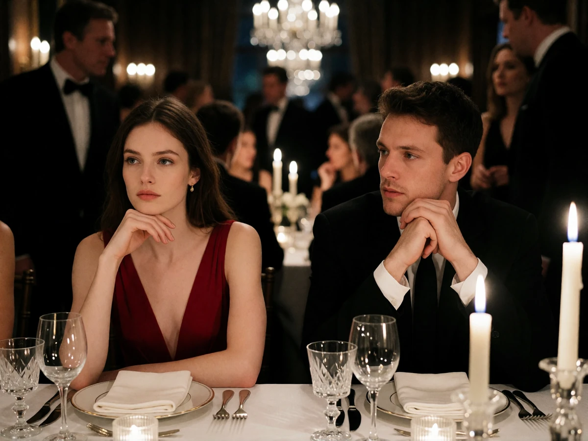 Woman in a red evening dress and man in a black suit sitting side by side at a formal dinner, both visibly out of conversation