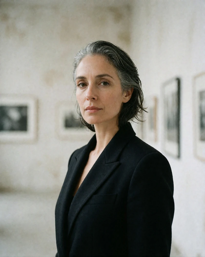 Woman in her mid-forties with silver-streaked hair wearing a black blazer in a bright gallery corridor, an example verified cougar dating profile photo