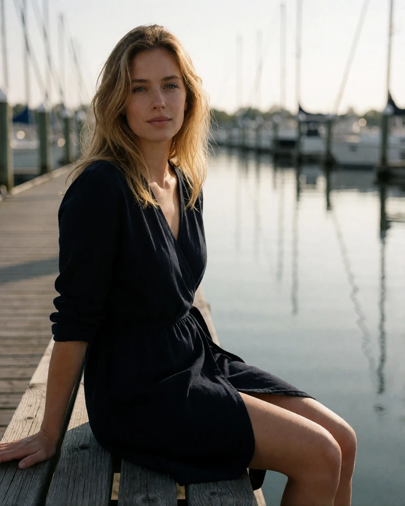 Honey-blonde woman in a navy wrap dress seated on a dock bench beside a Miami marina at golden hour, an example Miami member profile photo