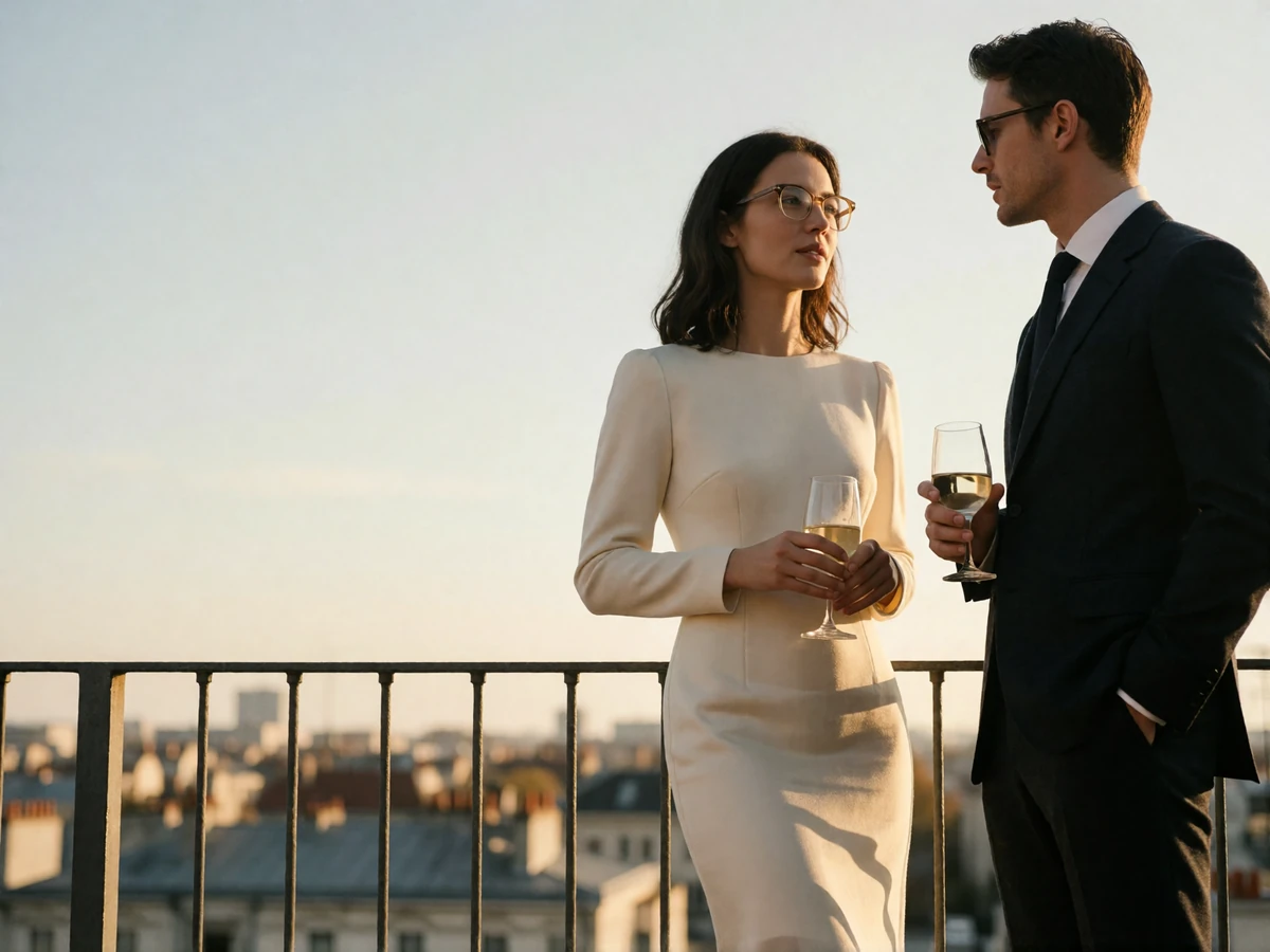 Woman in an ivory dress and man in a dark suit talking at a rooftop terrace rail during golden hour