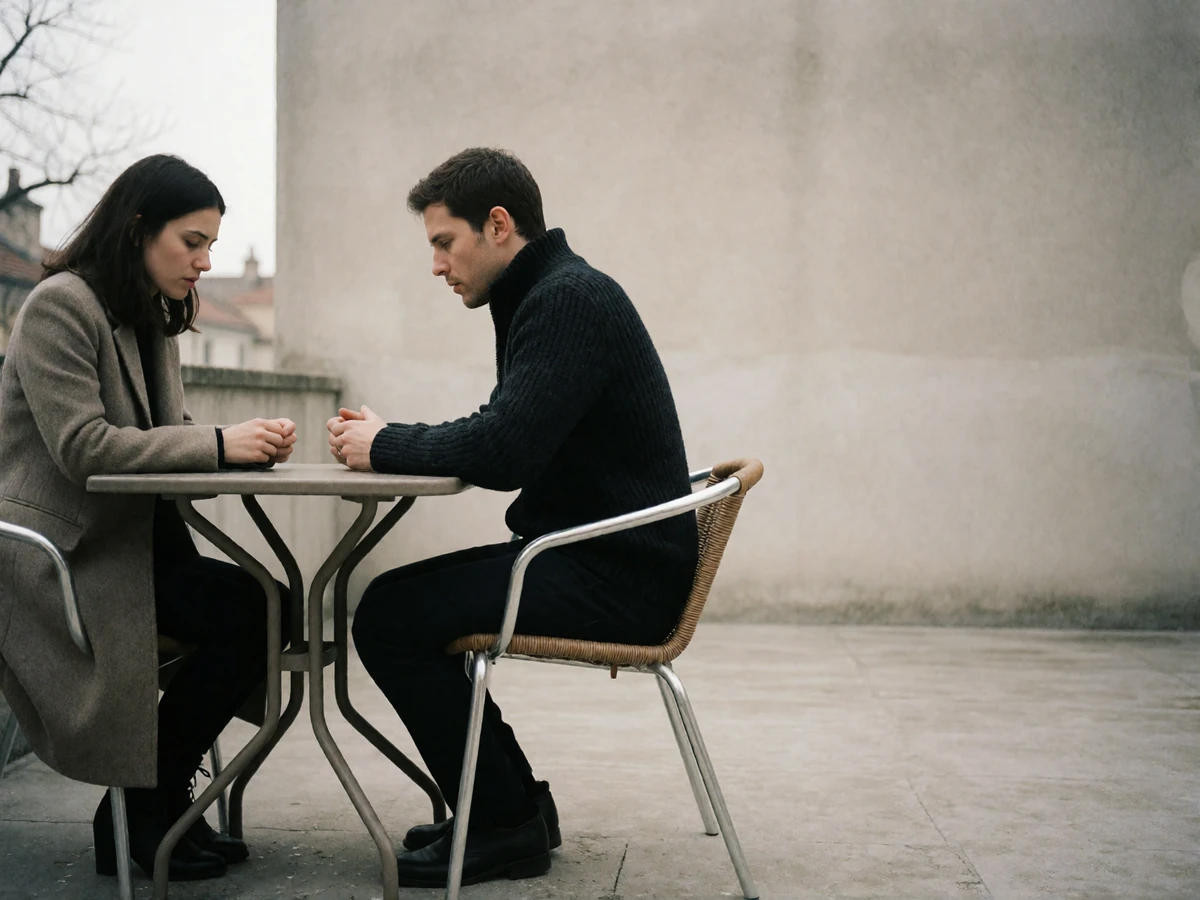 Woman in a stone-coloured coat and man in a dark knit sitting at opposite ends of a terrace table, mid-difficult conversation