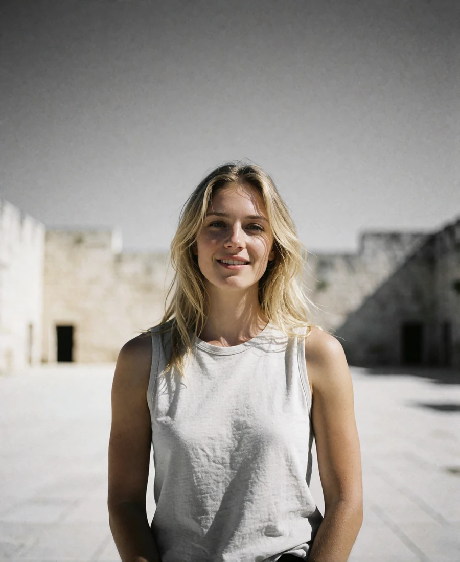 Blonde woman in a pale top smiling in a bright open plaza, an example San Antonio member profile photo