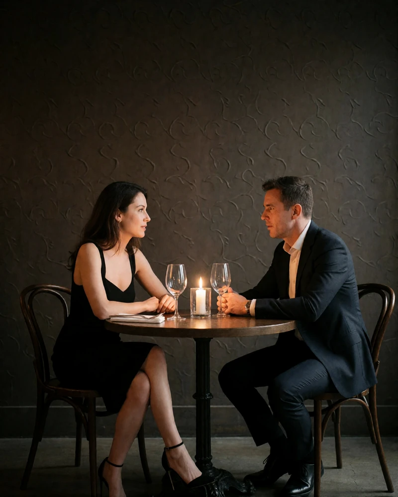 Woman in a black cocktail dress and man in a dark suit leaning in mid-conversation over a candlelit restaurant table