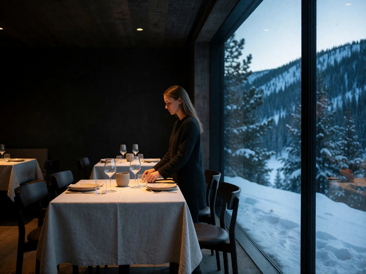 Private two-person dinner table beside a floor-to-ceiling window in a modern Denver mountain lodge restaurant at dusk