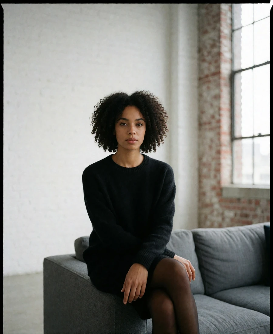 Woman with dark curls in a black sweater seated in a bright industrial loft, an example Denver member profile photo
