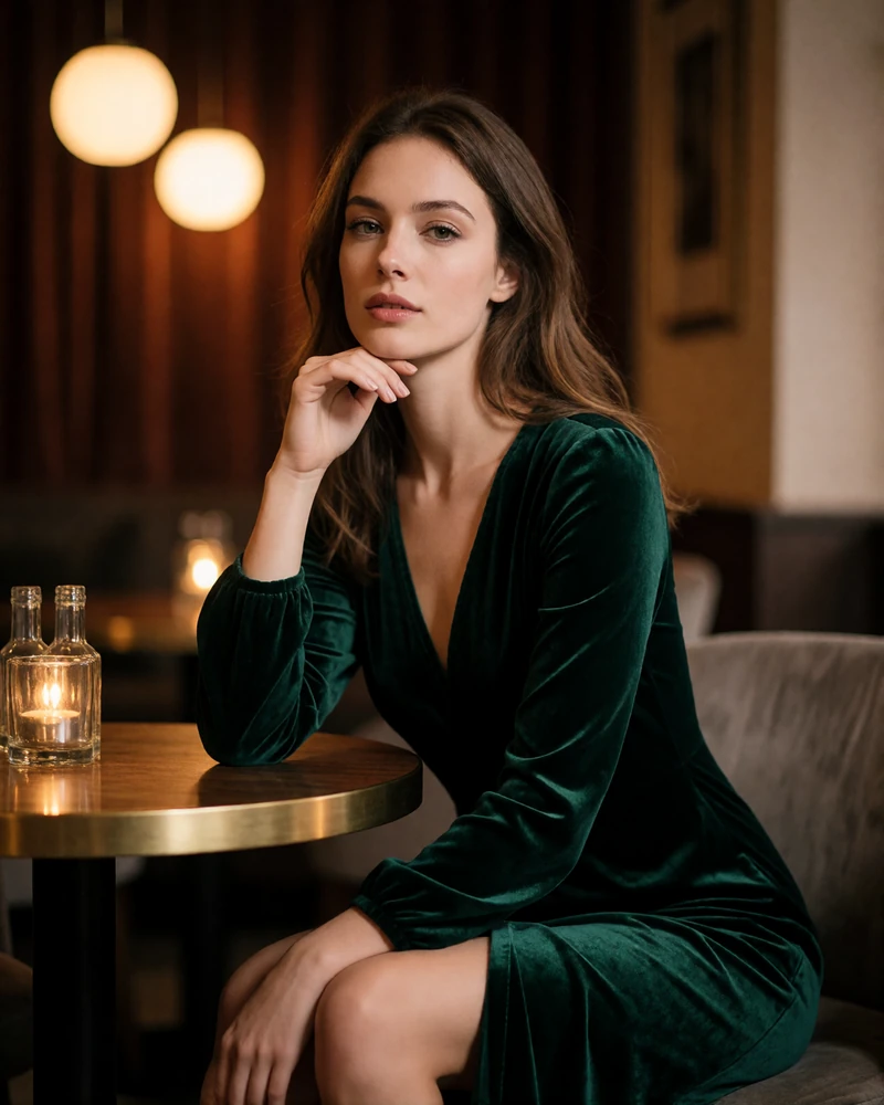 Woman in a deep-green velvet dress seated at a small round table in a warmly lit Atlanta jazz lounge, an example Atlanta member profile photo