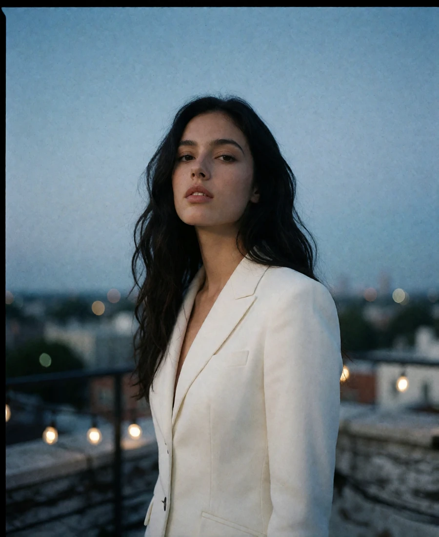 Dark-haired woman in an ivory blazer on a Nashville rooftop terrace at blue hour, an example Nashville member profile photo