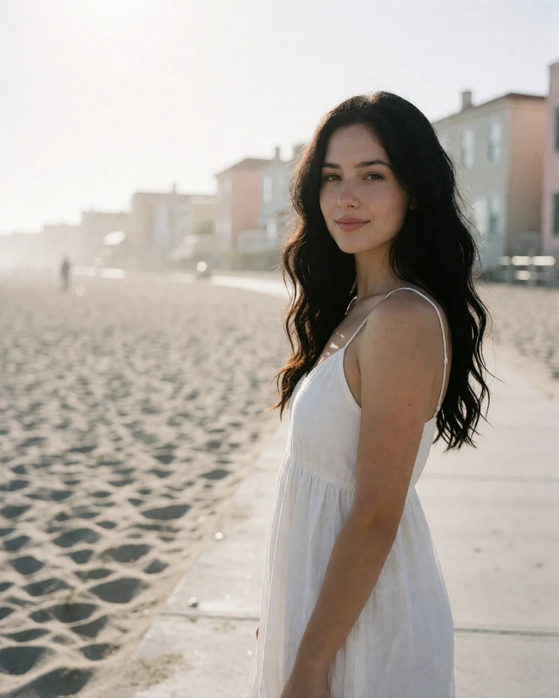 Dark-haired woman in a white sundress on a South Beach walkway in early morning light, an example Miami member profile photo
