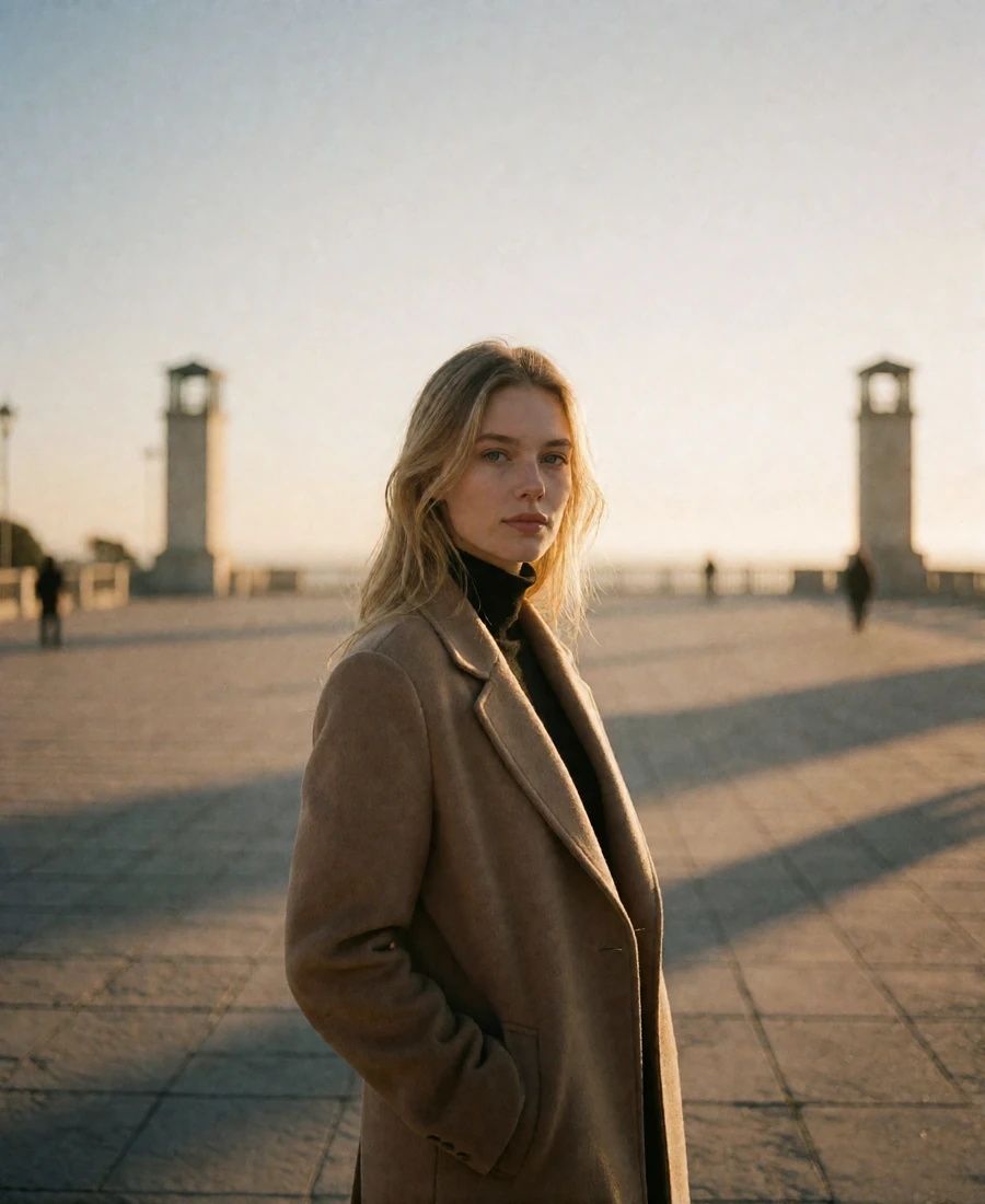 Blonde woman in a soft camel coat standing calmly in an open Dallas plaza at golden hour, an example Dallas member profile photo