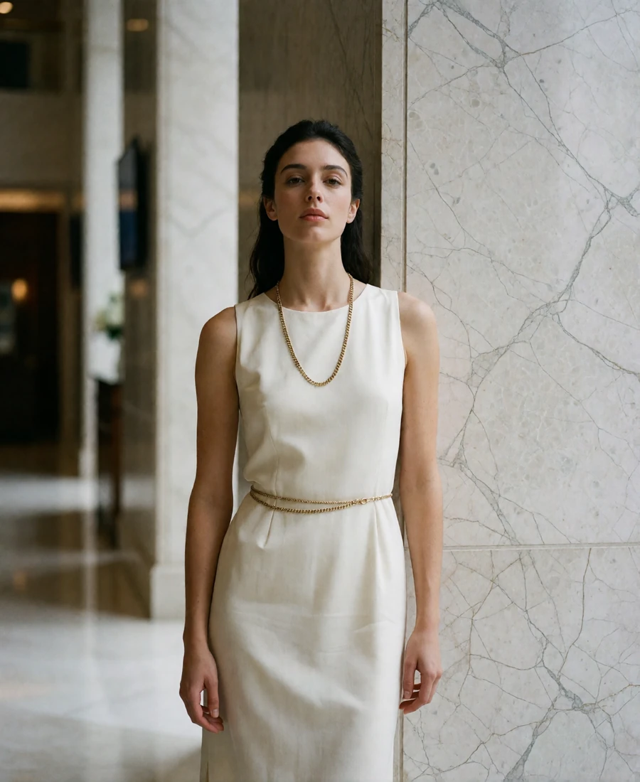 Woman in an ivory dress standing in a marble hotel lobby, an example verified profile photo