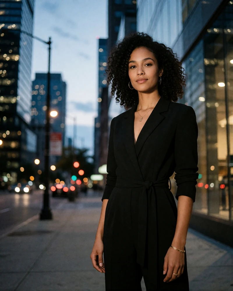Dark-curled woman in a black jumpsuit on a downtown Phoenix sidewalk at dusk, an example Phoenix member profile photo