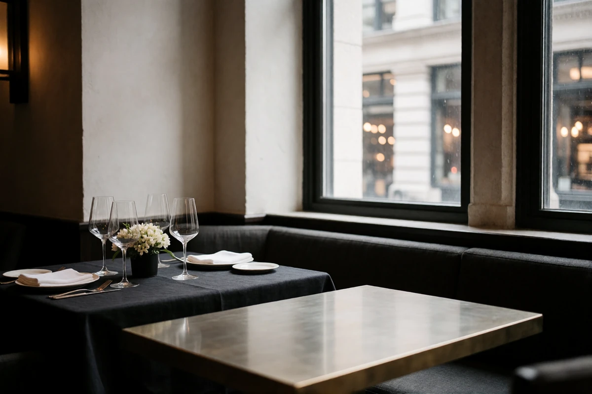 Private dinner table set for two beside tall factory windows in an upscale New York City dining room