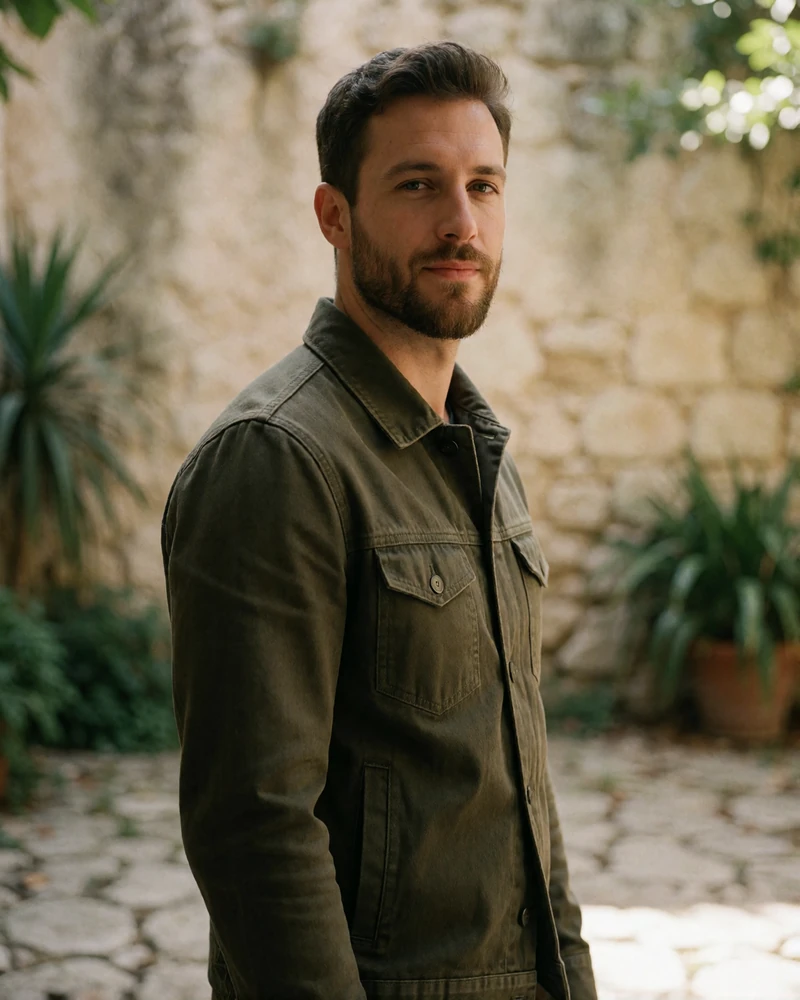 Man in his late twenties with a short beard in an olive jacket standing in a shaded stone courtyard, an example verified younger companion profile photo