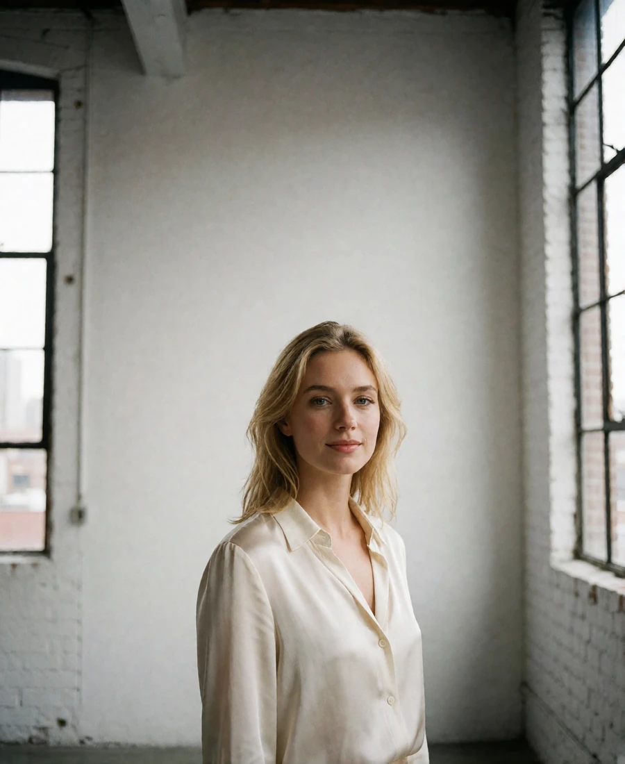 Blonde woman in a cream silk blouse inside a bright Manhattan loft, an example New York member profile photo
