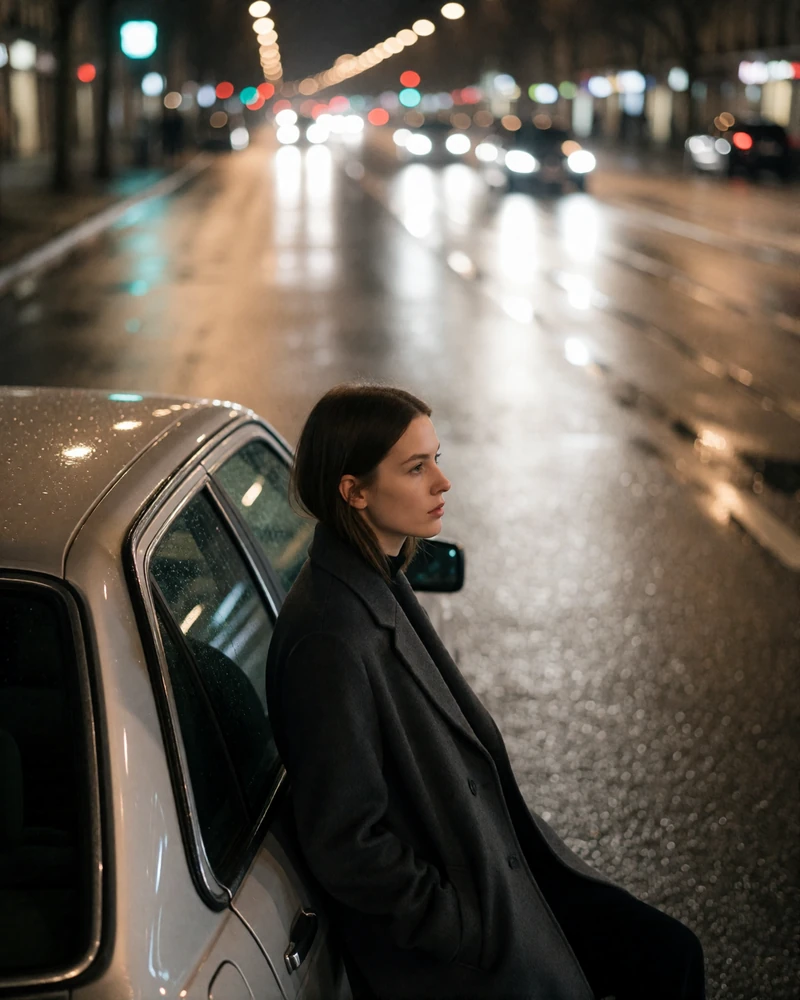 Woman in a charcoal coat looking out of a car window at city lights at night