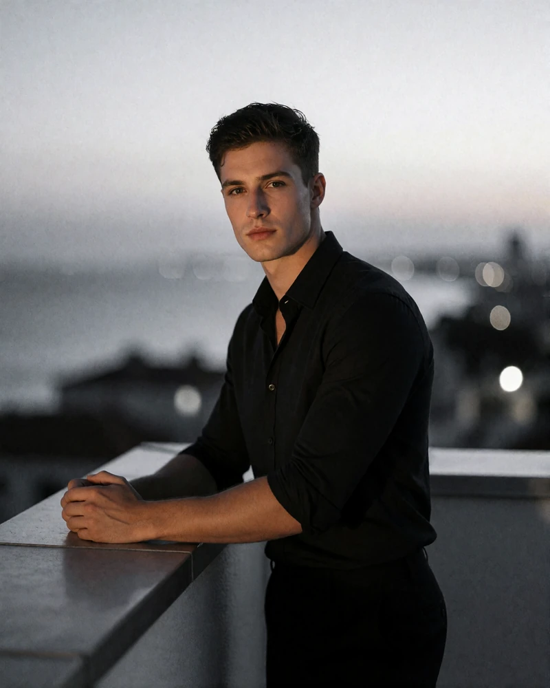Young man in his late twenties in a fitted dark shirt on a rooftop terrace with the Miami skyline behind him at dusk, an example Miami toy boy dating profile photo