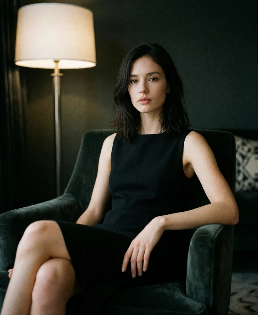 Dark-haired woman seated in a velvet armchair inside a quiet Nashville hotel lounge, an example Nashville member profile photo
