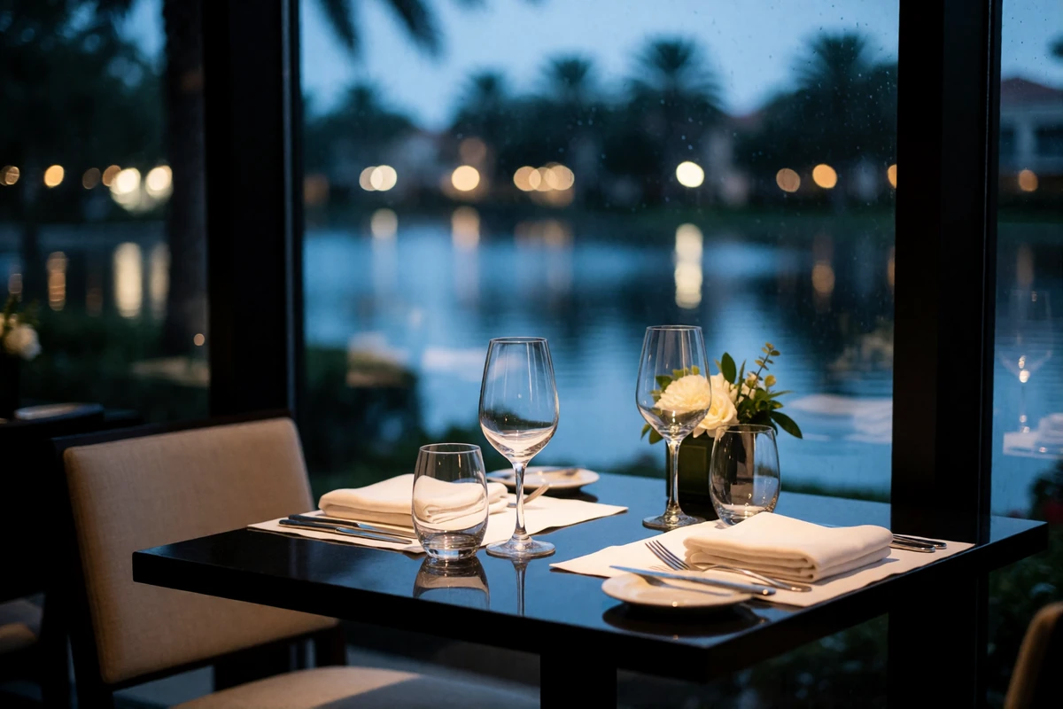 Private two-seat dinner table beside a floor-to-ceiling window in an upscale Orlando restaurant at blue hour