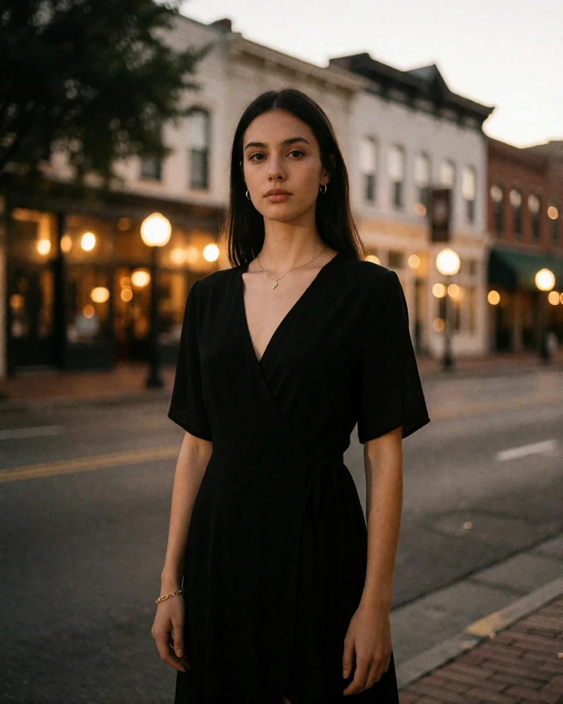 Dark-haired woman in a black wrap dress under warm evening lights on a downtown Gaslamp Quarter street, an example San Diego member profile photo