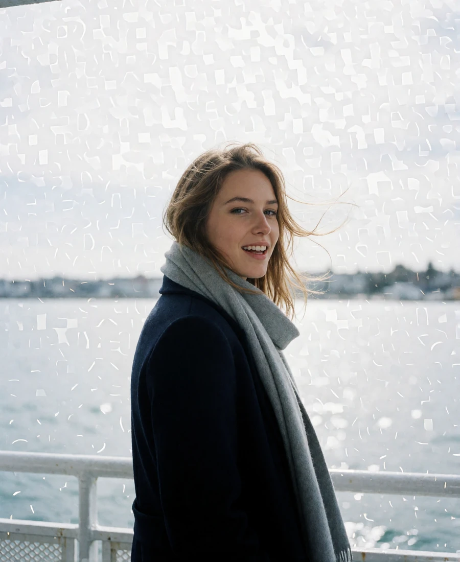 Light-brown-haired woman with wind-lifted hair on a ferry deck railing overlooking the Seattle harbour, an example Seattle member profile photo