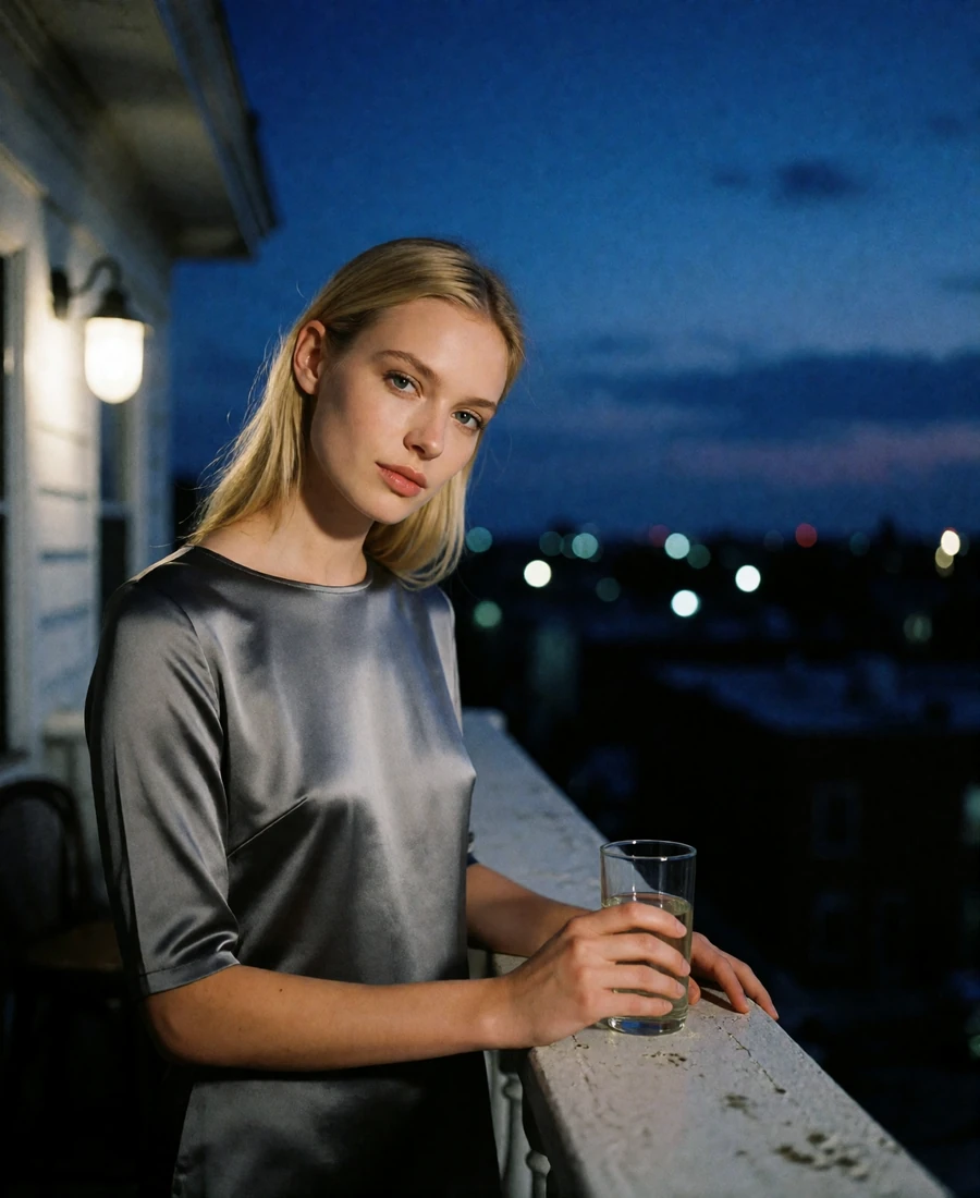 Blonde woman on a rooftop bar terrace at dusk with the Columbus skyline behind her, an example member profile photo