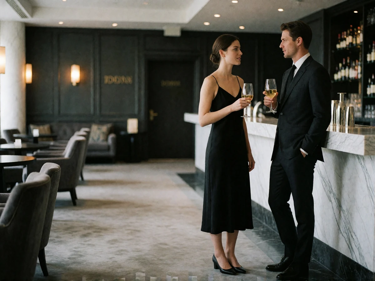 Woman in a black slip dress and man in a dark tailored suit talking at a marble hotel bar in Nashville