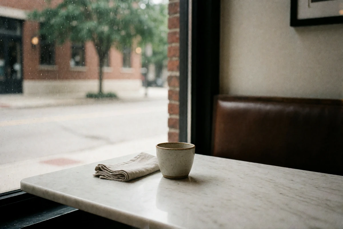 Bright window seat in a Chicago cafe with a marble table, ceramic cup and morning light, no people