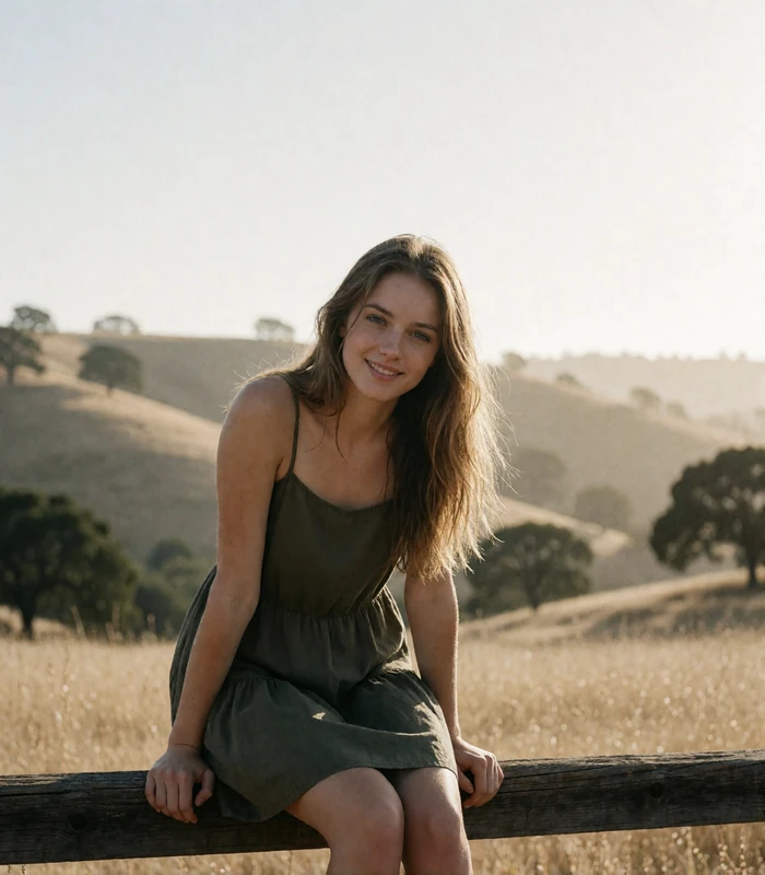 Woman in an olive sundress sitting on a wooden fence rail in golden light, an example San Antonio member profile photo