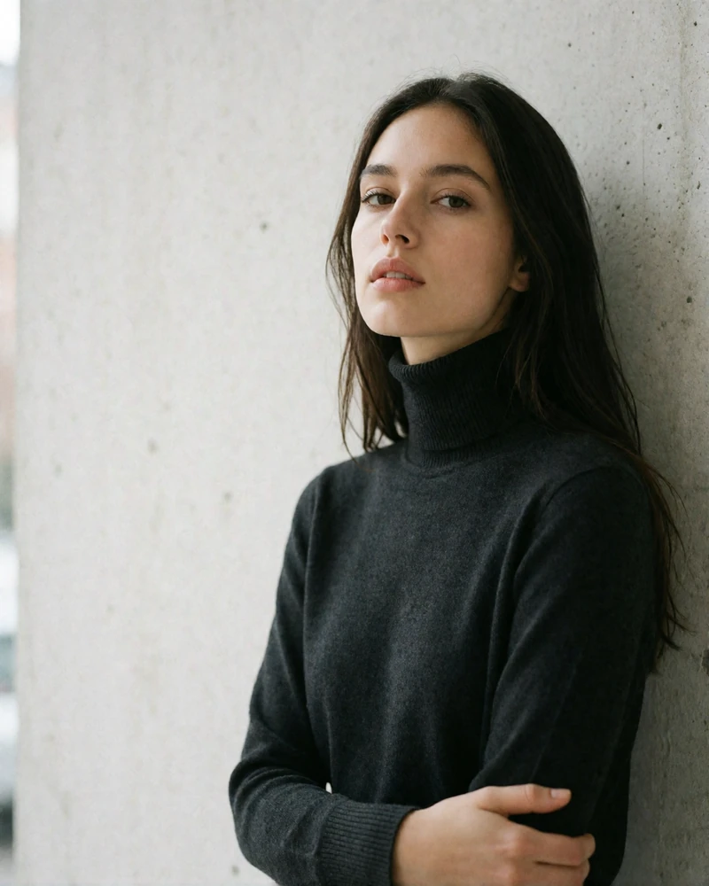 Dark-haired woman in a charcoal turtleneck against a plain concrete wall, an example Boston member profile photo