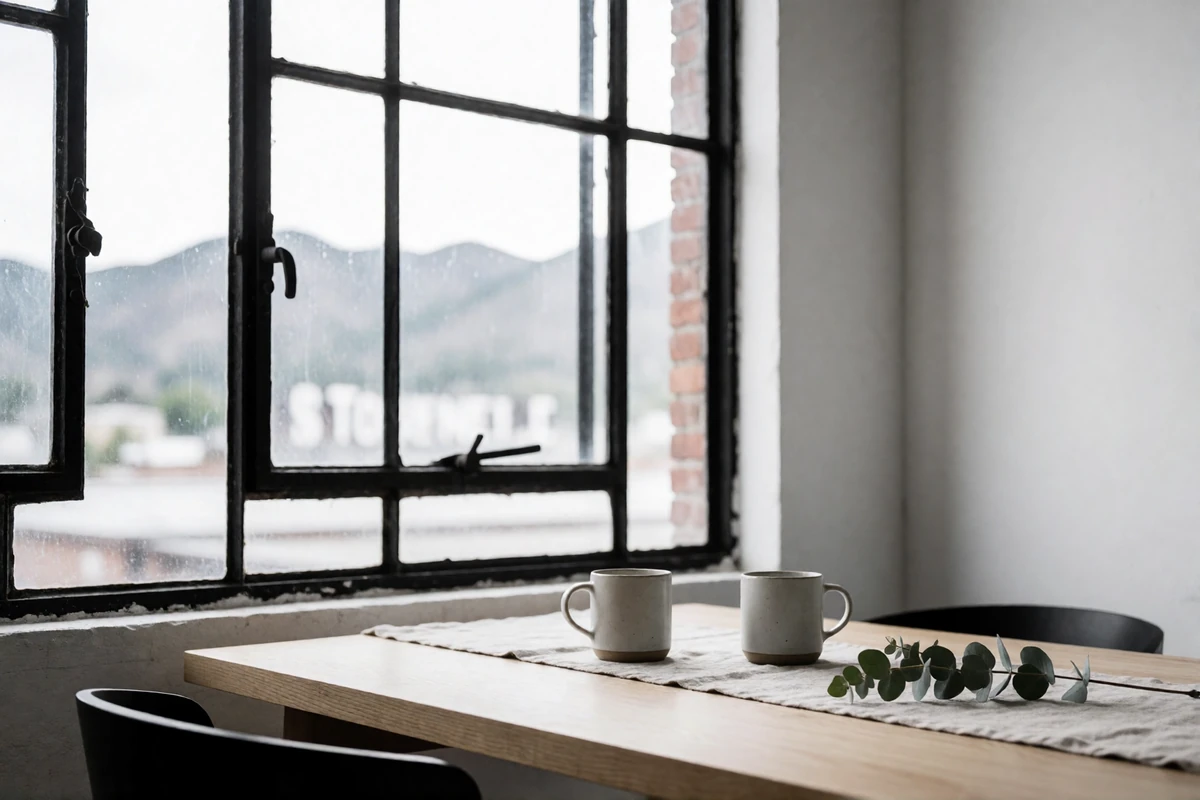 Bright modern Denver loft breakfast corner with oak table, ceramic mugs and a mountain view through an industrial window