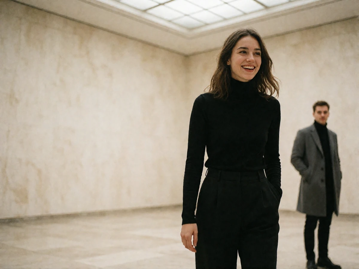 Woman in a black turtleneck laughing in a bright Chicago gallery hall while a man in a grey overcoat stands further back