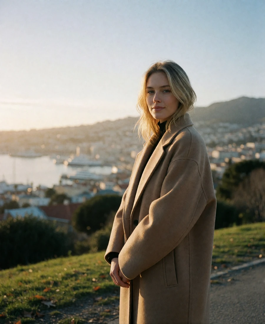 Blonde woman in a camel coat at a hillside park overlook above Seattle at golden hour, an example Seattle member profile photo
